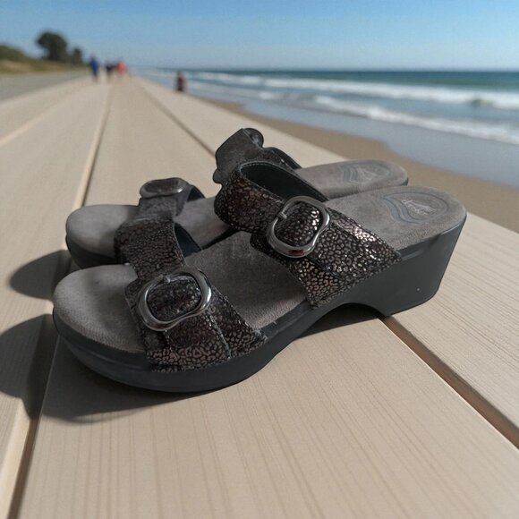 DANSKO Black Silver Metallic Leather Sandals Size 37 / 6.5 - Picture 1 of 8